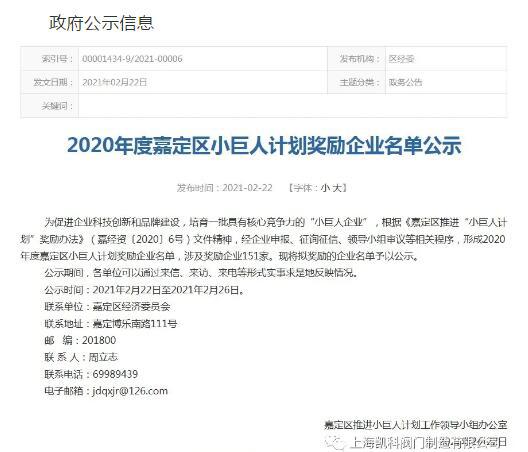 凯科阀门入选2020年度嘉定区小巨人计划奖励企业名单 凯科阀门入选2020年度嘉定区小巨人计划奖励企业名单