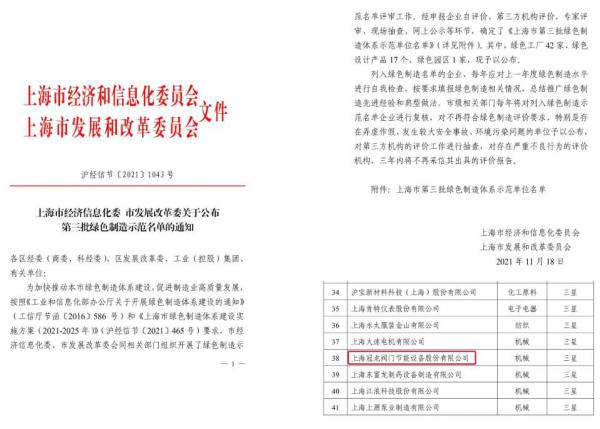 上海冠龙阀门节能设备入选“工业产品绿色设计示范企业” 上海冠龙阀门节能设备入选“工业产品绿色设计示范企业”