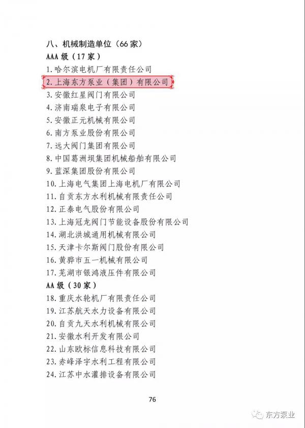 东方泵业再次荣获全国水利建设市场主体信用评价aaa级机械制造单位